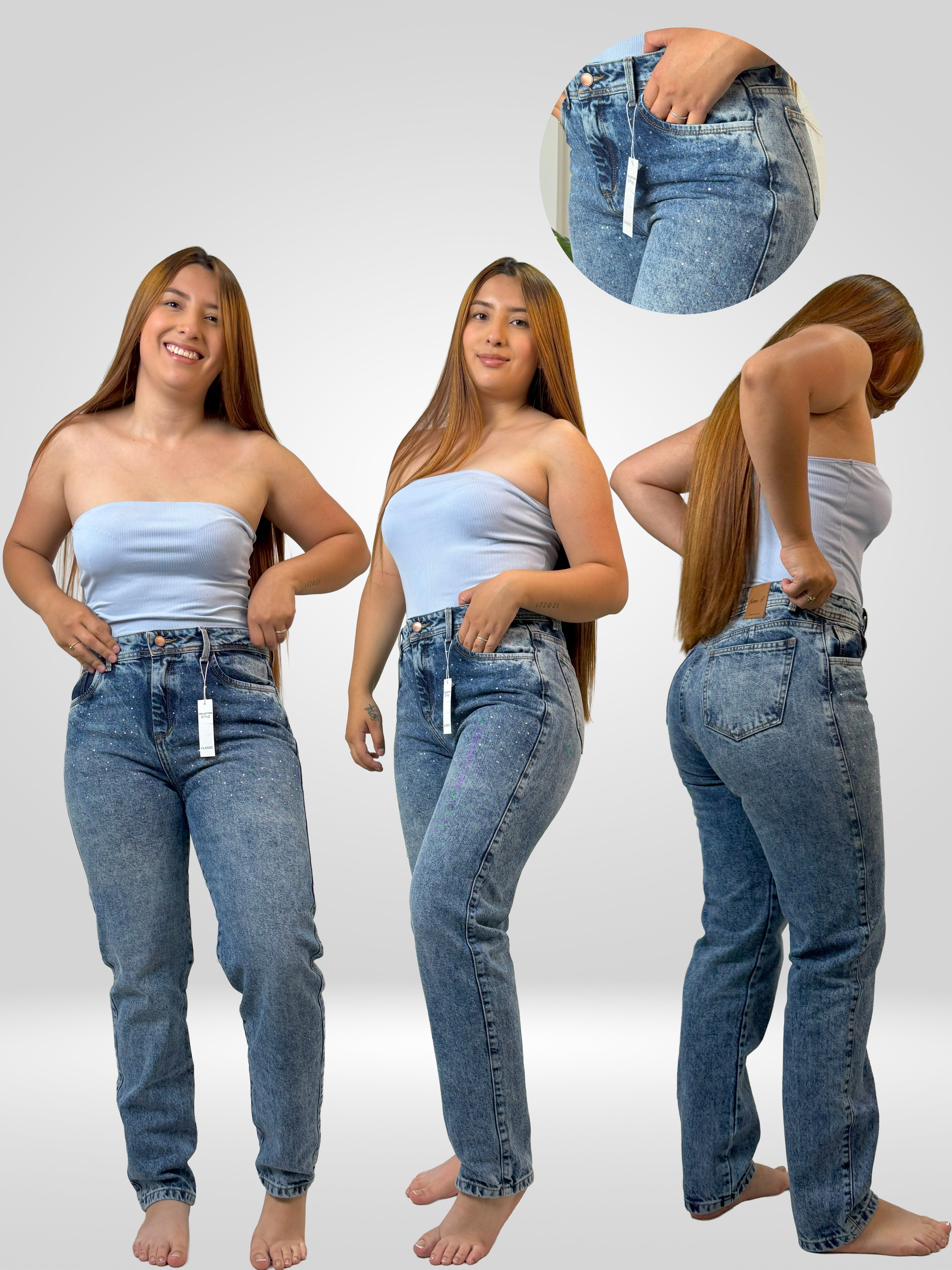 Jean "Ice" Mom Fit con Cristales